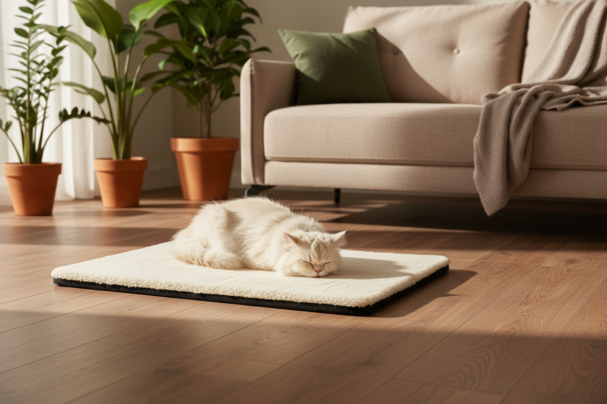 The cat lies on a flat, rug-like pet bed made of soft fleece fabric in a light cream color. The surface is thin, smooth, and cozy — resembling a fluffy mat rather than a cushion. It rests neatly on the wooden floor with a subtle black anti-slip base.
The background features a warm, natural living room with walnut wood flooring, a beige sofa, a green pillow, soft blanket, and indoor plants. Gentle sunlight filters through the window, filling the room with a calm, cozy, and homely atmosphere.